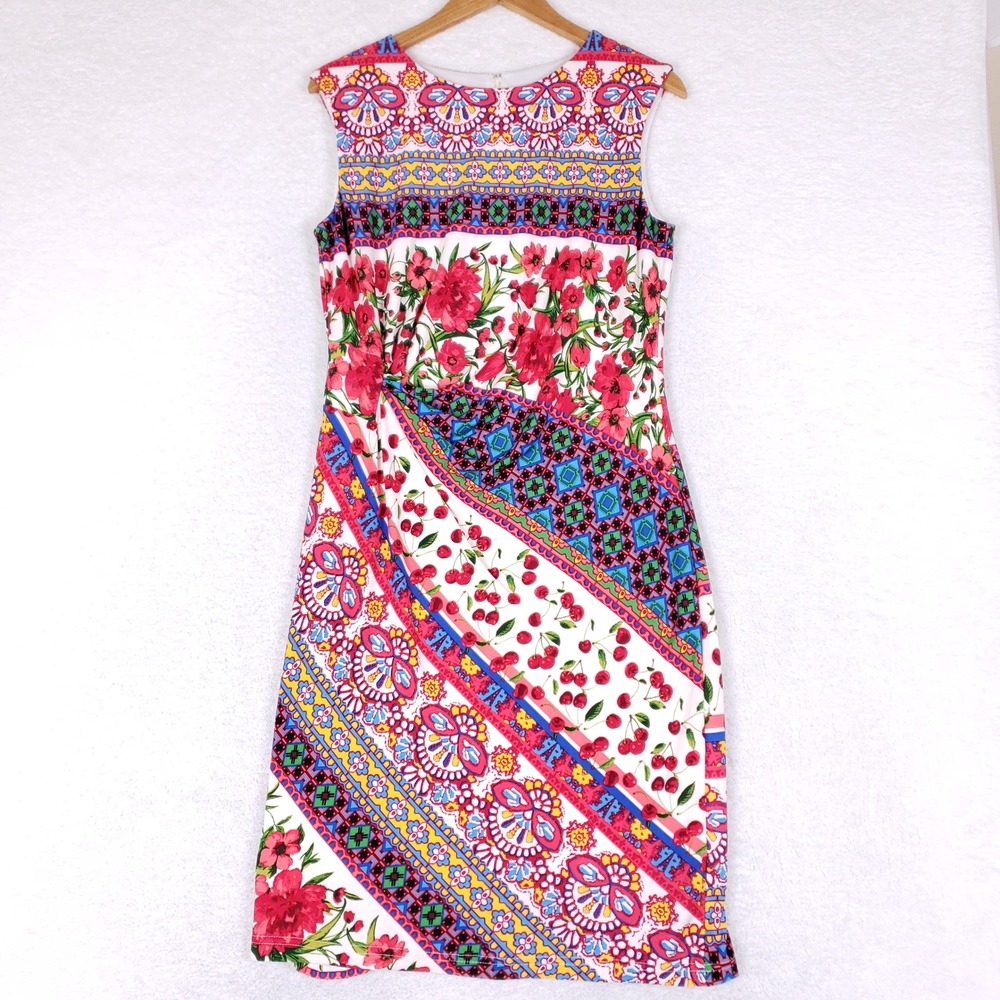Leslie Fay Sheath Dress Womens 10‎ Floral Cherry Print Colorful Sleeveless